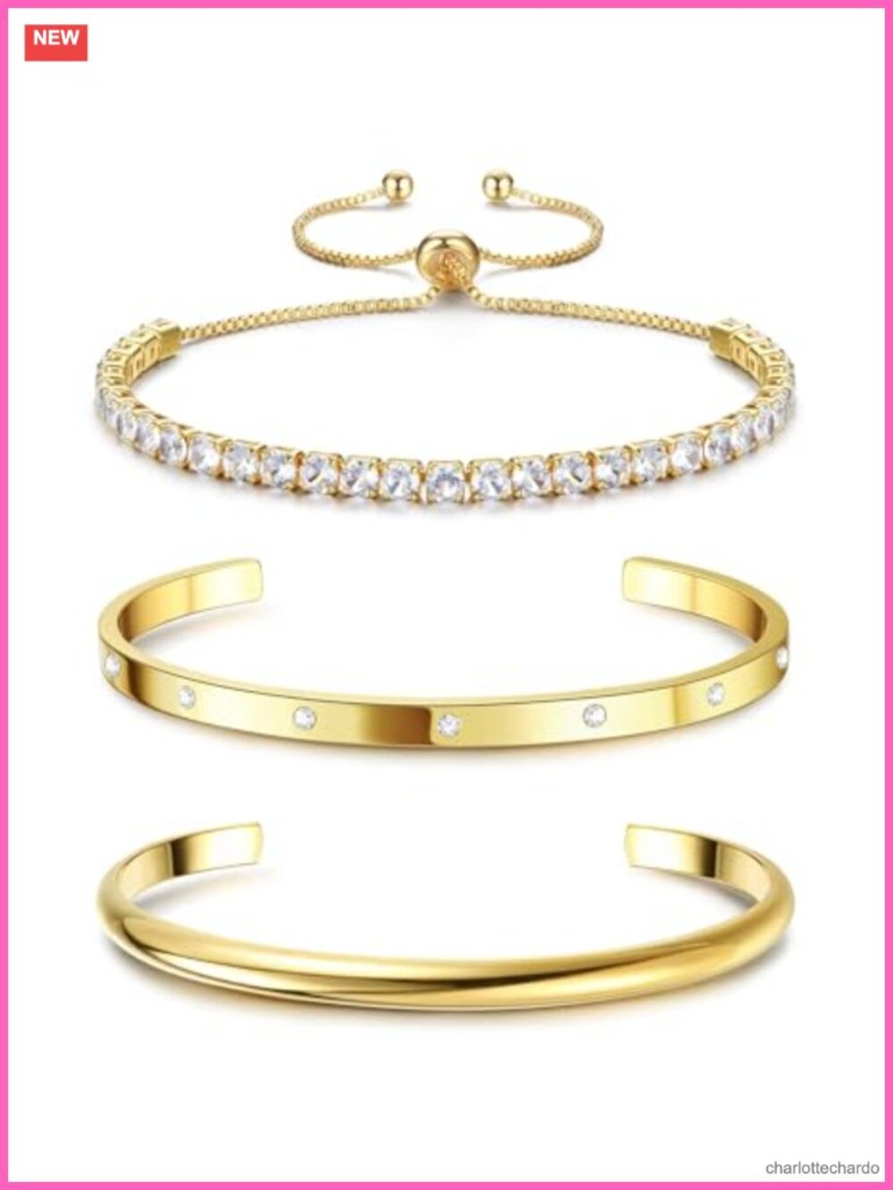 14K Gold Plated Bangle Cuff Tennis Bracelet Set for Women Stackable Adjustable